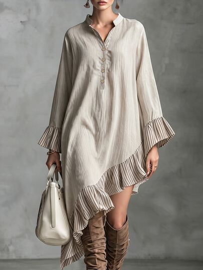 SHEIN Vestido de mujer de estilo artístico con cuello en V, ajuste holgado, cómodo, con rayas, patchwork y ribete de volantes, atuendo casual para vacaciones y salidas diarias, vestidos de otoño para mujer