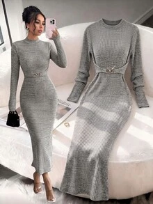 SHEIN Gaun Musim Gugur/Dingin 2026 Leher Semi Tinggi Lengan Panjang Potongan Ramping Rajut Bergaris Elegan Gaun Panjang untuk Makan Siang/Malam Santai Warna Abu-abu - Light Grey - View 1