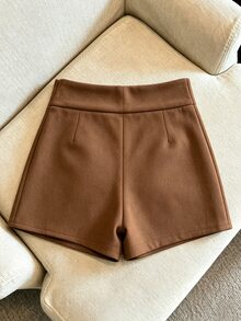 SHEIN Franclia Rok Pendek Asimetris Kancing Gaya Vintage Wanita untuk Kencan - Coklat - View 3