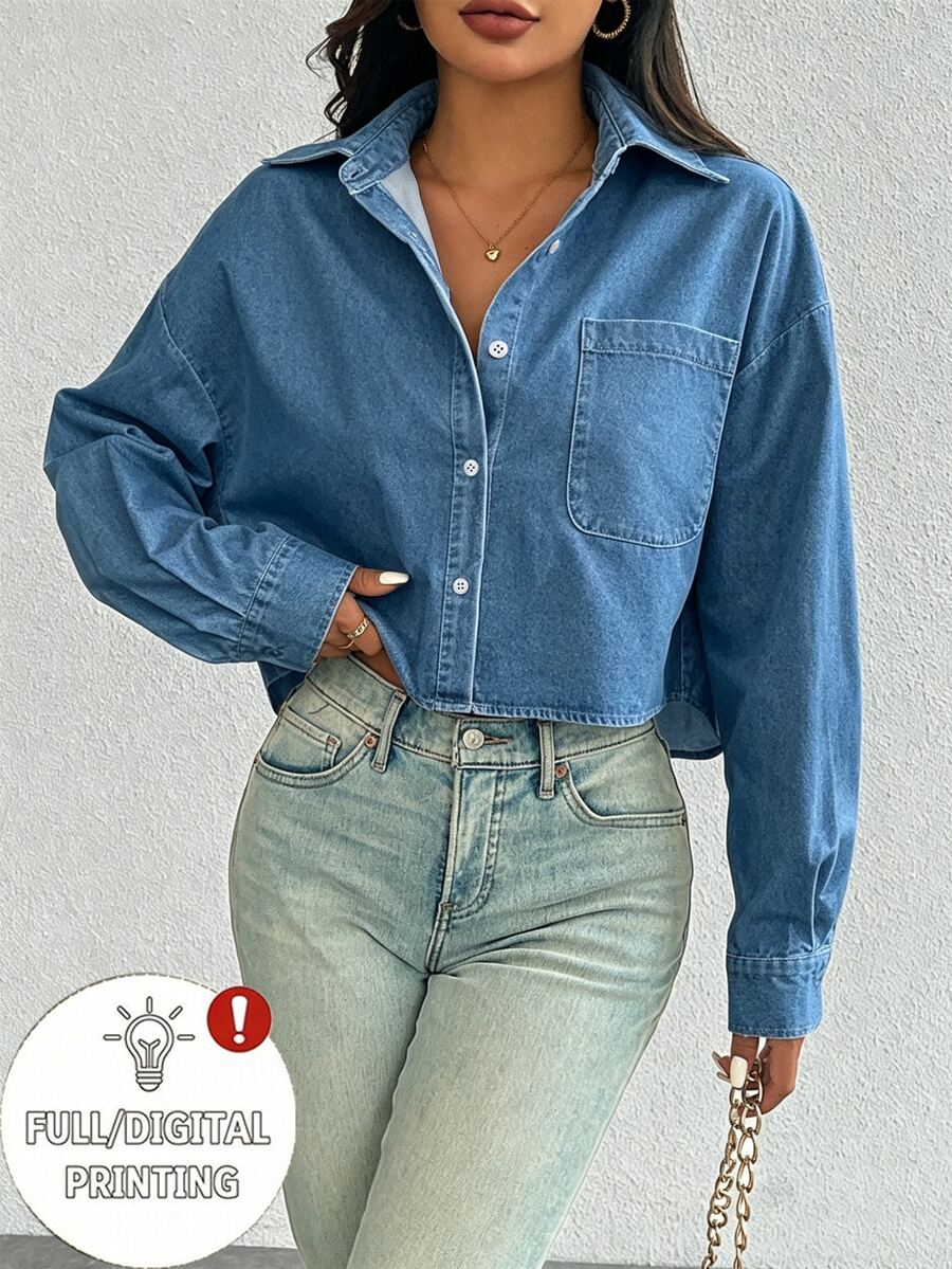 SHEIN Women's Single-Breasted Casual Versatile Daily Long Sleeve Shirt - Blue - View 1