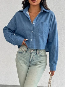 SHEIN Women's Single-Breasted Casual Versatile Daily Long Sleeve Shirt - Blue - View 8