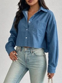 SHEIN Women's Single-Breasted Casual Versatile Daily Long Sleeve Shirt - Blue - View 7
