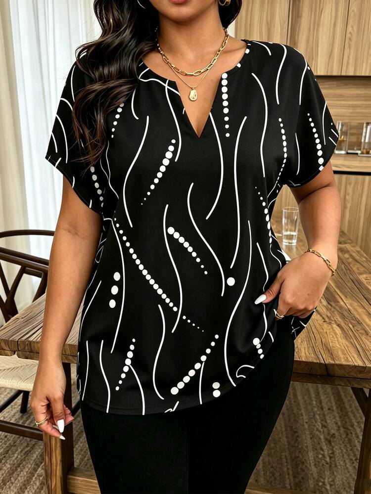 Weeklong Women's Polka Dot & Line Print Casual Short Sleeve Shirt, Vintage, Suitable For Commuting, Travel And Daily Wear, Gift For Friends And Family, Versatile Fashion Top - Multicolor - View 3