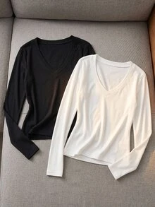 Coolane 女款秋冬街頭風休閒極簡基礎日常穿搭抓絨內裡 Bustier V領長袖T恤 黑白 2件組 - 黑與白 - 查看 2