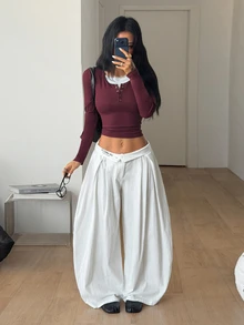 Coolane 女款秋冬街頭風休閒日常基本款極簡復古棉質圖案翻折腰白色寬鬆低腰圓弧下擺長褲 - 白色 - 查看 4