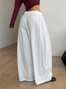 Coolane 女款秋冬街頭風休閒日常基本款極簡復古棉質圖案翻折腰白色寬鬆低腰圓弧下擺長褲 - 白色 - 查看 6