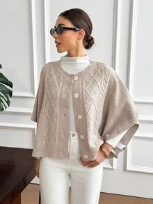 SHEIN Frenchy Cardigan Rajut Kabel Lengan Kelelawar, Musim Gugur/Musim Dingin Elegan Formal Mewah Bisnis Chic Dasar Natal Kembali ke Sekolah Festival Pesta Tahun Baru - Aprikot - View 8