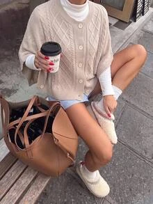 SHEIN Frenchy Cardigan Rajut Kabel Lengan Kelelawar, Musim Gugur/Musim Dingin Elegan Formal Mewah Bisnis Chic Dasar Natal Kembali ke Sekolah Festival Pesta Tahun Baru - Aprikot - View 2
