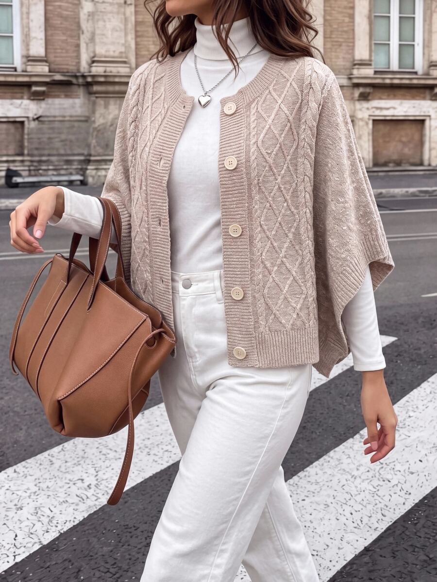SHEIN Frenchy Cardigan Rajut Kabel Lengan Kelelawar, Musim Gugur/Musim Dingin Elegan Formal Mewah Bisnis Chic Dasar Natal Kembali ke Sekolah Festival Pesta Tahun Baru - Aprikot - View 1