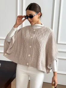 SHEIN Frenchy Cardigan Rajut Kabel Lengan Kelelawar, Musim Gugur/Musim Dingin Elegan Formal Mewah Bisnis Chic Dasar Natal Kembali ke Sekolah Festival Pesta Tahun Baru - Aprikot - View 6