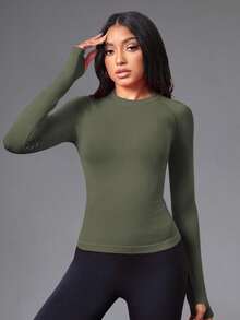 Eassivo Eassivo 女式纯色无缝拇指孔修身插肩袖运动 T 恤长袖运动服紧身修身上衣无缝健身上衣健身衫女式收腹上衣 - 軍綠色 - 查看 7