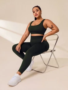 SHEIN Rhythm Era 大码女式纯色高腰休闲健身运动裤瑜伽裤 - 墨綠色 - 查看 3