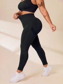 SHEIN Rhythm Era 大码女式纯色高腰休闲健身运动裤瑜伽裤 - 墨綠色 - 查看 5