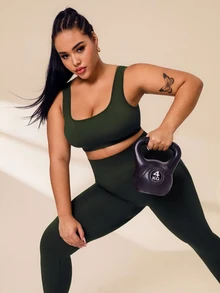 SHEIN Rhythm Era 大码女式纯色高腰休闲健身运动裤瑜伽裤 - 墨綠色 - 查看 4