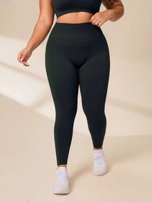 SHEIN Rhythm Era 大码女式纯色高腰休闲健身运动裤瑜伽裤 - 墨綠色 - 查看 7