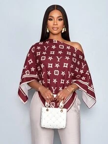 SOLERSUN 性感復古優雅女款露肩上衣，休閒藝術圖案，春夏服飾，不對稱下擺，派對/度假上衣，酒紅色 - 酒紅色 - 查看 5