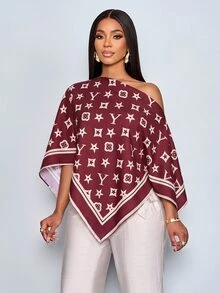SOLERSUN 性感復古優雅女款露肩上衣，休閒藝術圖案，春夏服飾，不對稱下擺，派對/度假上衣，酒紅色 - 酒紅色 - 查看 7