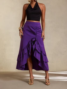 BamGlimmer Rok Cokelat Musim Gugur/Dingin, Desain Belahan Tinggi Berkerut, Modis dan Elegan, Cocok untuk Bepergian, Pakaian Sehari-hari, Belanja, Pesta dan Pertemuan, Serbaguna untuk Bepergian - Purple - View 5