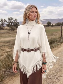 Wildy BOHO Casual Western Style Rural Nomadic Women's Autumn/Winter Daily Travel Basic Outfit For Outing And Commuting Fringe Sweater Vacation Cream White - White - View 4
