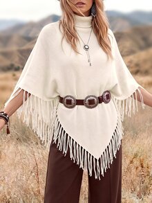 Wildy BOHO Casual Western Style Rural Nomadic Women's Autumn/Winter Daily Travel Basic Outfit For Outing And Commuting Fringe Sweater Vacation Cream White - White - View 7