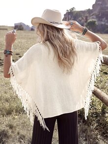 Wildy BOHO Casual Western Style Rural Nomadic Women's Autumn/Winter Daily Travel Basic Outfit For Outing And Commuting Fringe Sweater Vacation Cream White - White - View 2