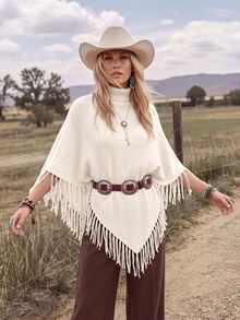 Wildy BOHO Casual Western Style Rural Nomadic Women's Autumn/Winter Daily Travel Basic Outfit For Outing And Commuting Fringe Sweater Vacation Cream White - White - View 6