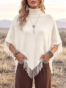 Wildy BOHO Casual Western Style Rural Nomadic Women's Autumn/Winter Daily Travel Basic Outfit For Outing And Commuting Fringe Sweater Vacation Cream White - White - View 3