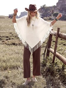 Wildy BOHO Casual Western Style Rural Nomadic Women's Autumn/Winter Daily Travel Basic Outfit For Outing And Commuting Fringe Sweater Vacation Cream White - White - View 5