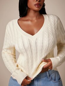 SHEIN SXY Apricot Deep V-Neck Long Sleeve Fitted Cropped Sweater - Apricot - View 5