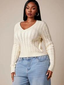 SHEIN SXY Apricot Deep V-Neck Long Sleeve Fitted Cropped Sweater - Apricot - View 6