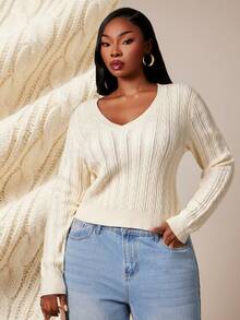 SHEIN SXY Apricot Deep V-Neck Long Sleeve Fitted Cropped Sweater - Apricot - View 8