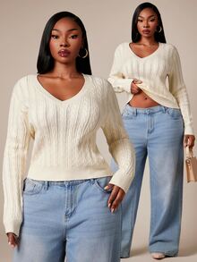 SHEIN SXY Apricot Deep V-Neck Long Sleeve Fitted Cropped Sweater - Apricot - View 1