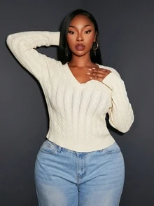 SHEIN SXY Apricot Deep V-Neck Long Sleeve Fitted Cropped Sweater - Apricot - View 4