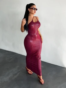 SHEIN SXY 女士仿鳄鱼纹无袖镂空修身长裙 - 酒紅色 - 查看 3