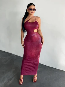 SHEIN SXY 女士仿鳄鱼纹无袖镂空修身长裙 - 酒紅色 - 查看 4