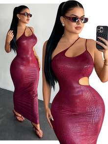 SHEIN SXY 女士仿鳄鱼纹无袖镂空修身长裙 - 酒紅色 - 查看 5