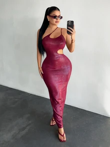 SHEIN SXY 女士仿鳄鱼纹无袖镂空修身长裙 - 酒紅色 - 查看 6