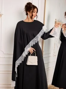 Modelyn Black 2 Pieces Set Cape With Long Sleeve Dress, Elegant Fashionable Lady Style, High-End Lace Trim Patchwork Elegant - Black - View 7