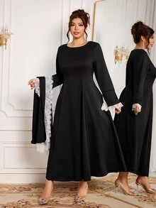 Modelyn Black 2 Pieces Set Cape With Long Sleeve Dress, Elegant Fashionable Lady Style, High-End Lace Trim Patchwork Elegant - Black - View 4