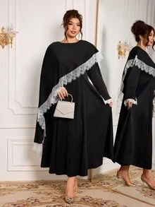 Modelyn Black 2 Pieces Set Cape With Long Sleeve Dress, Elegant Fashionable Lady Style, High-End Lace Trim Patchwork Elegant - Black - View 1