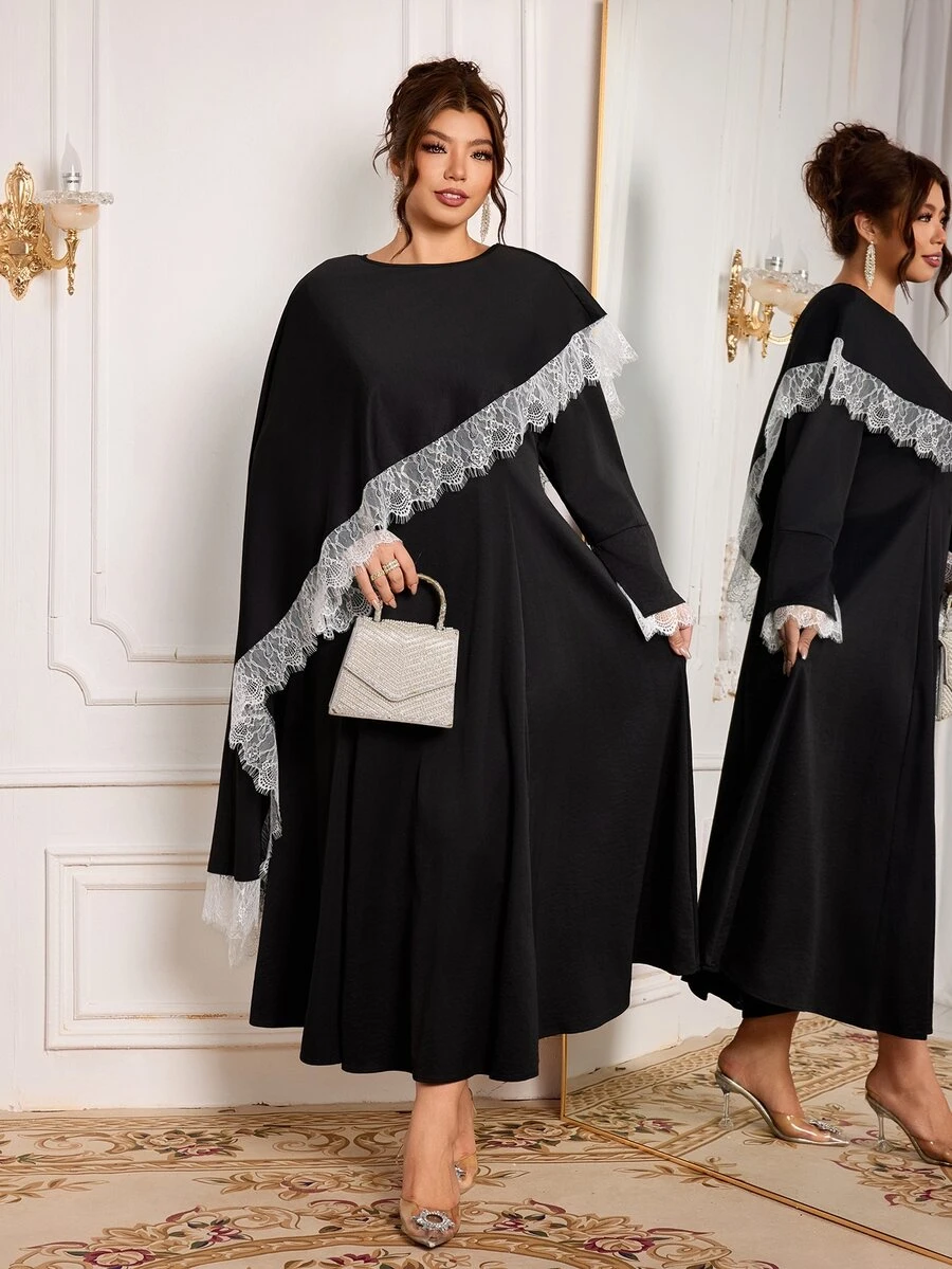 Modelyn Black 2 Pieces Set Cape With Long Sleeve Dress, Elegant Fashionable Lady Style, High-End Lace Trim Patchwork Elegant - Black - View 1