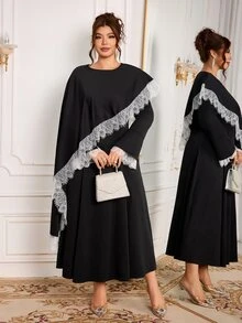 Modelyn Black 2 Pieces Set Cape With Long Sleeve Dress, Elegant Fashionable Lady Style, High-End Lace Trim Patchwork Elegant - Black - View 6