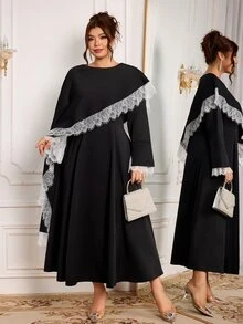 Modelyn Black 2 Pieces Set Cape With Long Sleeve Dress, Elegant Fashionable Lady Style, High-End Lace Trim Patchwork Elegant - Black - View 5