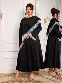 Modelyn Black 2 Pieces Set Cape With Long Sleeve Dress, Elegant Fashionable Lady Style, High-End Lace Trim Patchwork Elegant - Black - View 3