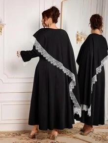 Modelyn Black 2 Pieces Set Cape With Long Sleeve Dress, Elegant Fashionable Lady Style, High-End Lace Trim Patchwork Elegant - Black - View 2