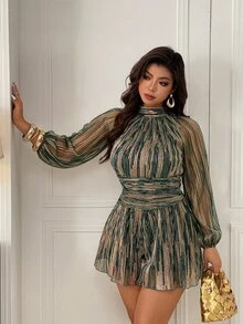 Femmeverse Plus Size Women's Fashion Sexy Halter Neck Pleated Metallic Fabric A-Line Lantern Sleeve Romper - Dark Green - View 4