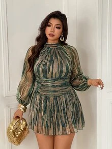 Femmeverse Plus Size Women's Fashion Sexy Halter Neck Pleated Metallic Fabric A-Line Lantern Sleeve Romper - Dark Green - View 6