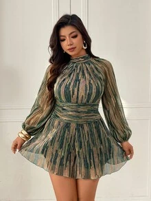 Femmeverse Plus Size Women's Fashion Sexy Halter Neck Pleated Metallic Fabric A-Line Lantern Sleeve Romper - Dark Green - View 8