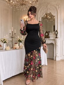 Roveilla Gaun Panjang Slim Fit Wanita Plus Size Elegan dengan Bordir Mesh, Patchwork, Sambungan Mesh dan Hemline Asimetris untuk Pesta, Musim Gugur dan Musim Dingin - Hitam - View 6