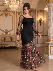 Roveilla Gaun Panjang Slim Fit Wanita Plus Size Elegan dengan Bordir Mesh, Patchwork, Sambungan Mesh dan Hemline Asimetris untuk Pesta, Musim Gugur dan Musim Dingin - Hitam - View 4